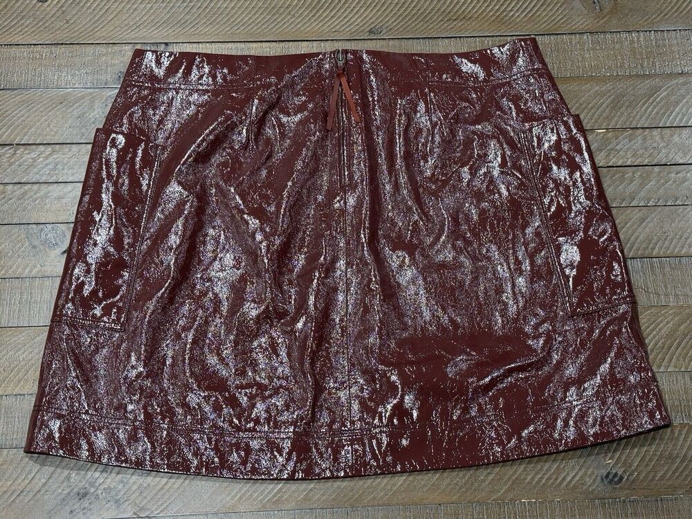 Maeve Anthropologie Faux Wine Red Patent Leather Mini Skirt Pockets NWOT - 18W